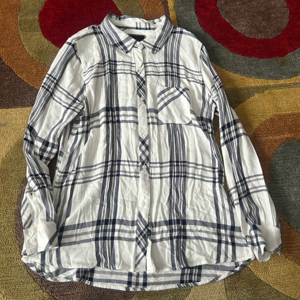 Rails Hunter Plaid Long Sleeve Shirt Flannel Button Down White Navy Size Large